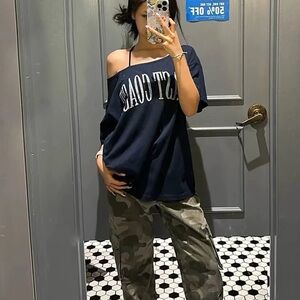 Navy blue Graphic off the shoulder Tee